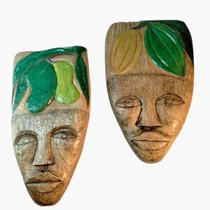 Vintage Polynesian Masks Tiki Hand Carved Wood Tropical Fruit Leaf Signed lot 2